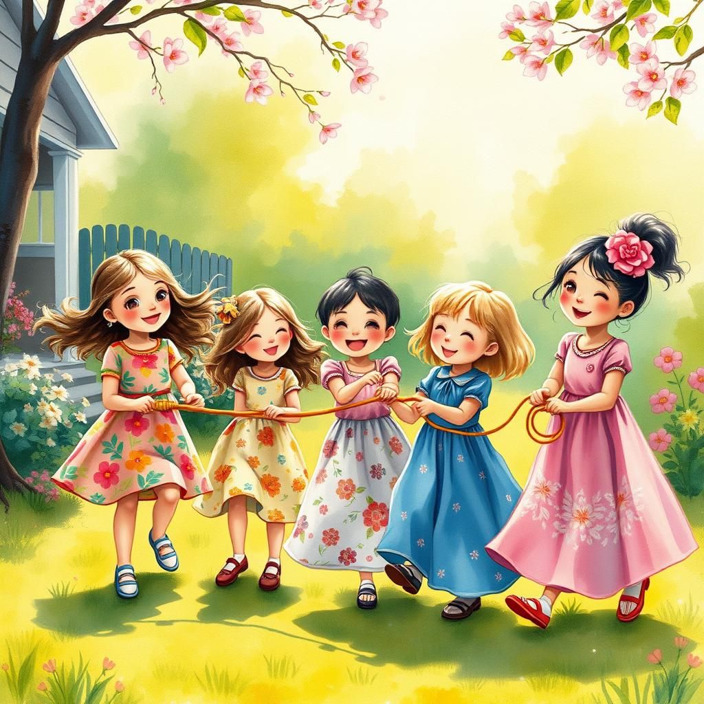 Whimsical illustration of happy children colorfully dressed ...