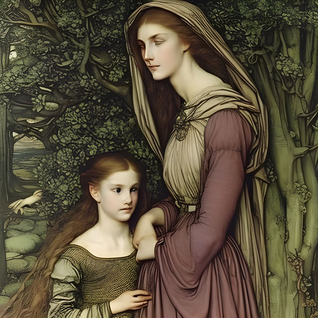 Mother and Daughter in Pre-Raphaelite Style