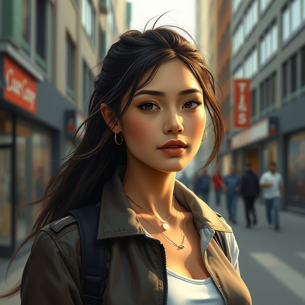 Confident Woman in Urban Setting: Photorealistic Digital Art
