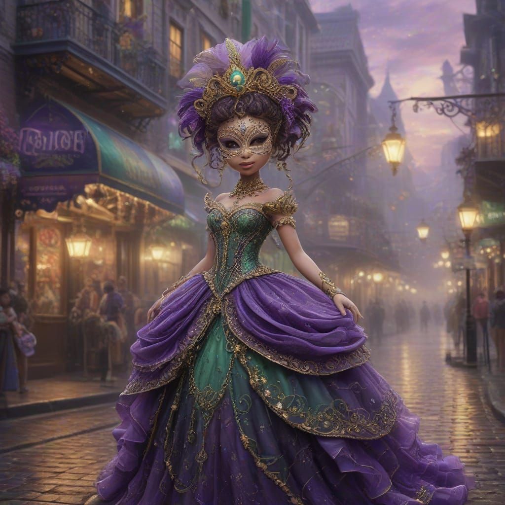Vibrant Chibi Mardi Gras Girl in a Magical Night Scene