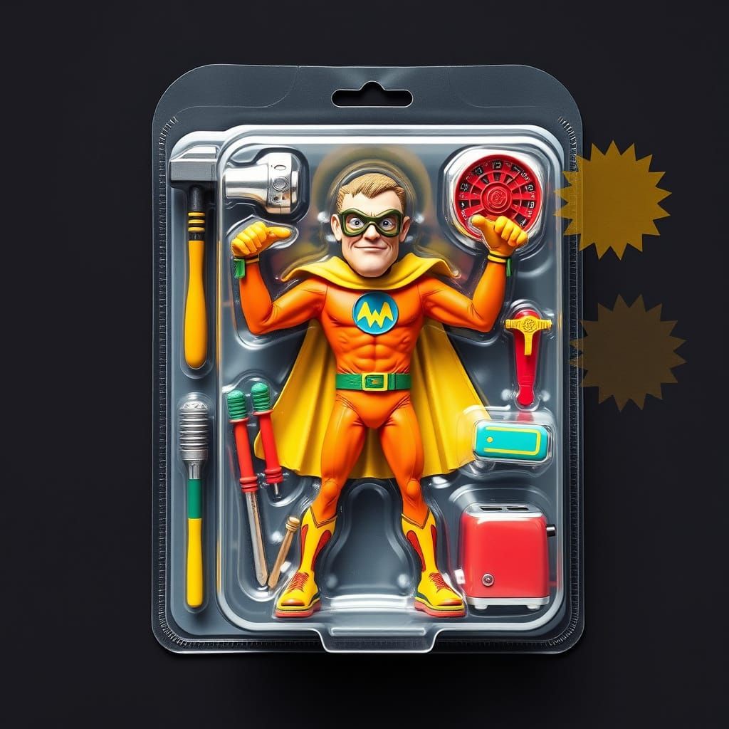 Vibrant Superhero in Retro-Futuristic Plastic Blister Pack