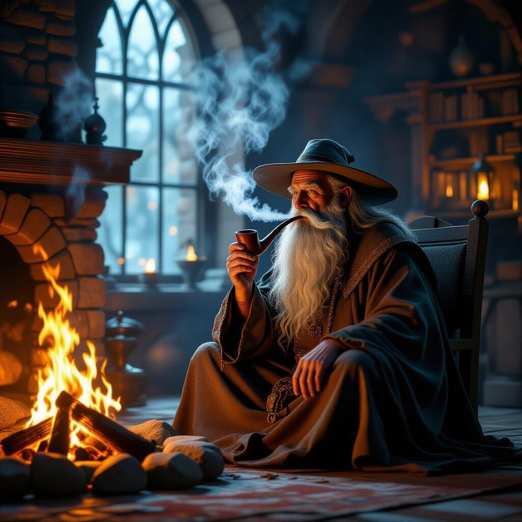 Old Bald Wizard Smoking Pipe by Firelight
