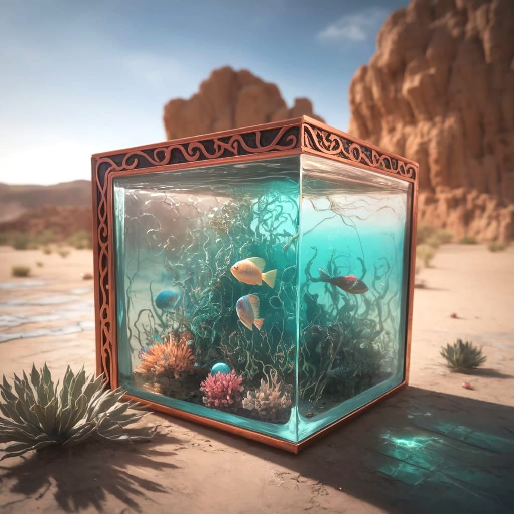 Surreal Glass Cube Teeming with Marine Life in the Desert
