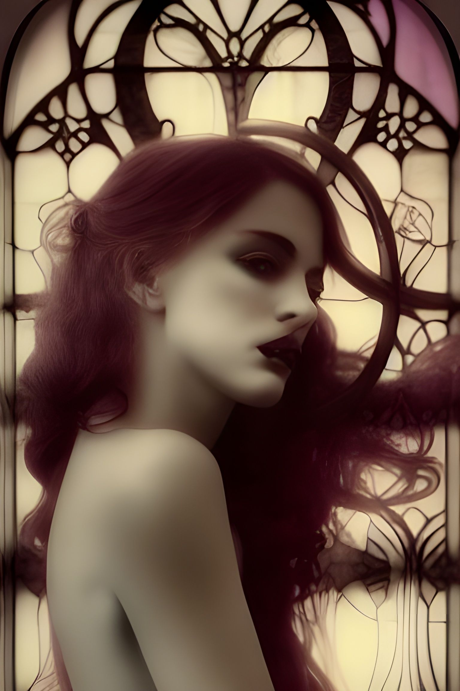 Gothic Nymph Portrait Before Stained Glass Window
