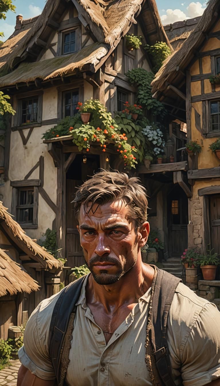 Hyperrealistic Man in Village Inspired by Old Masters