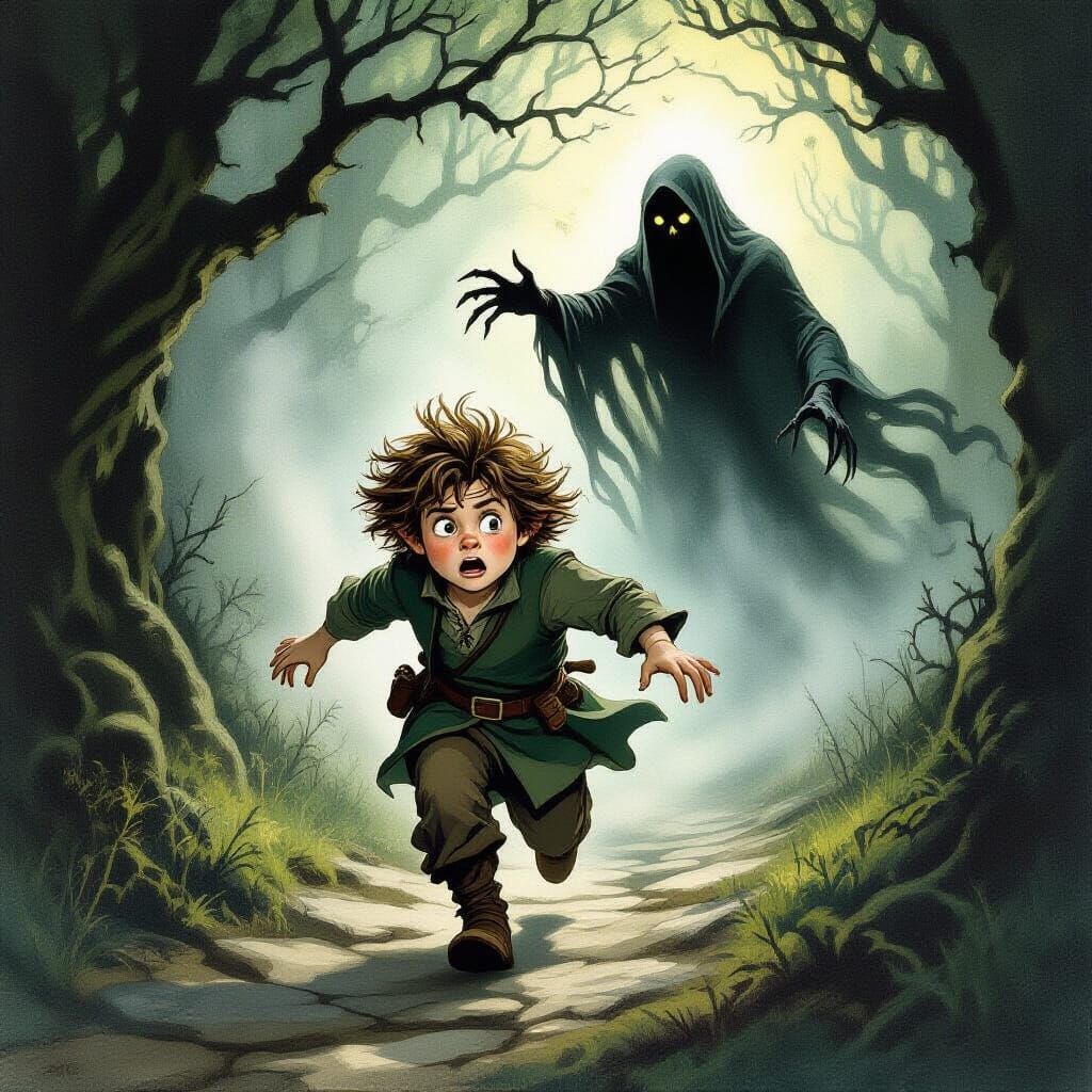 Hobbit Flees Wraith in Dark Forest Illustration
