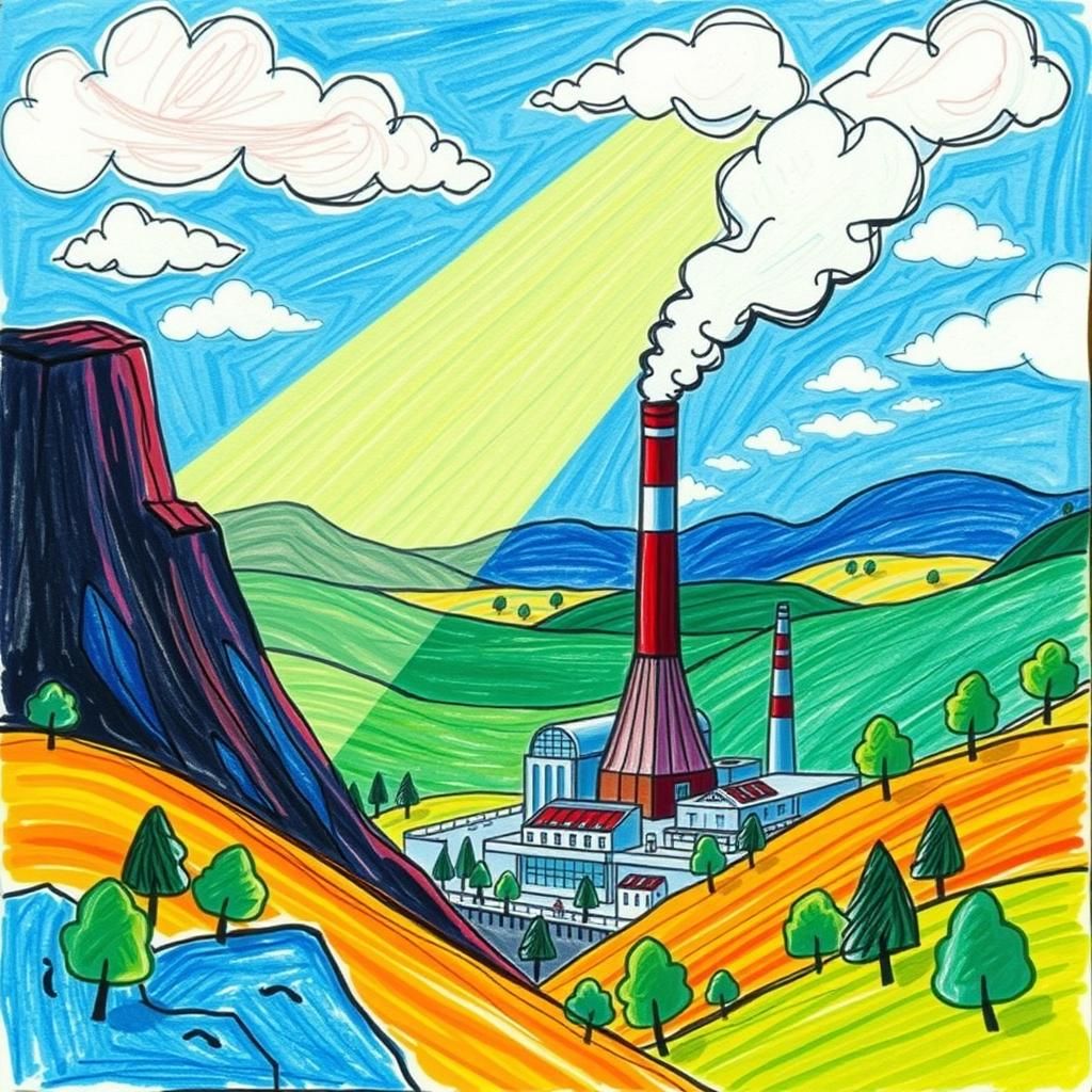 Childlike Coal Plant Drawing in Naive Art Style