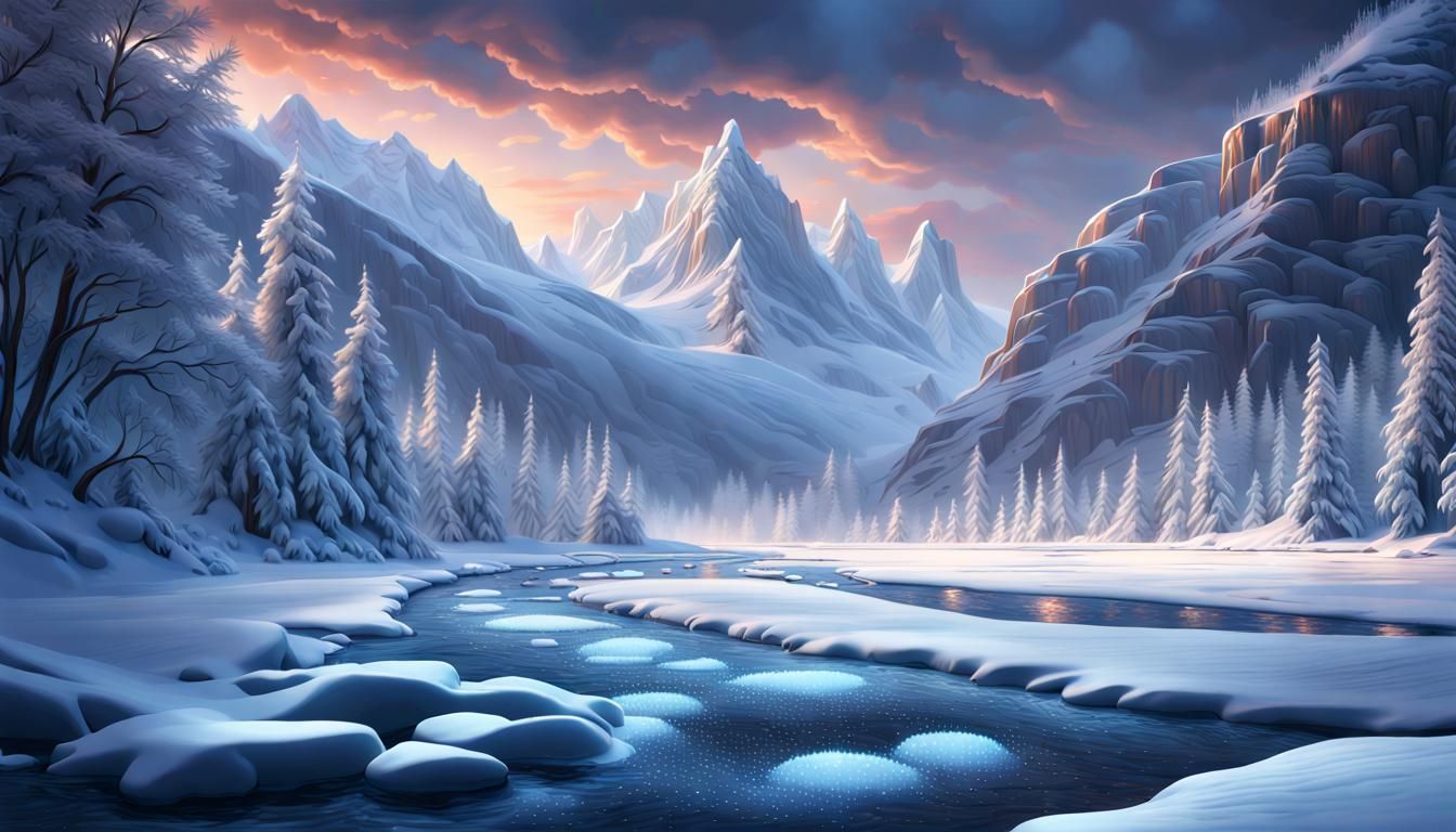 Enchanting Frozen Mountain River at Twilight in Winter