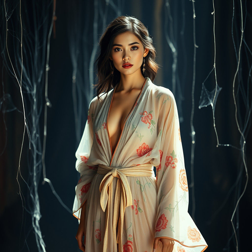 Brunette Queen in Kimono: Hyperrealistic Cinematic Photograp...