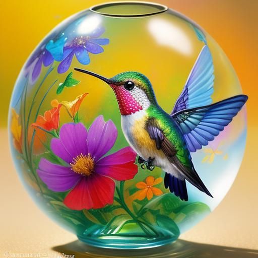 Hummingbird in Glass Orb: Hyperrealistic Ink and Watercolor