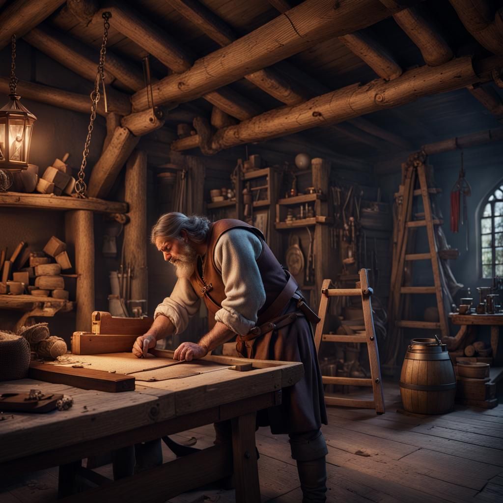 Medieval Carpenter Building Catapult in Dimly Lit Shop