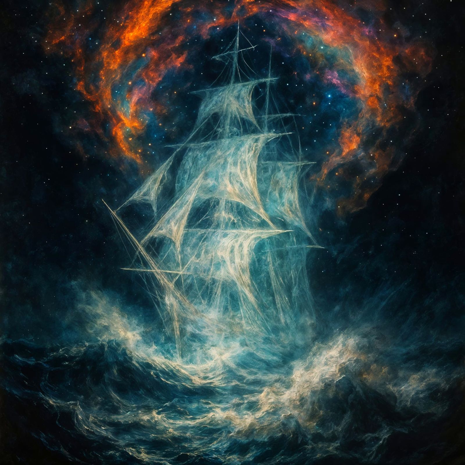 Surreal Stormy Seascape with Celestial Galleon
