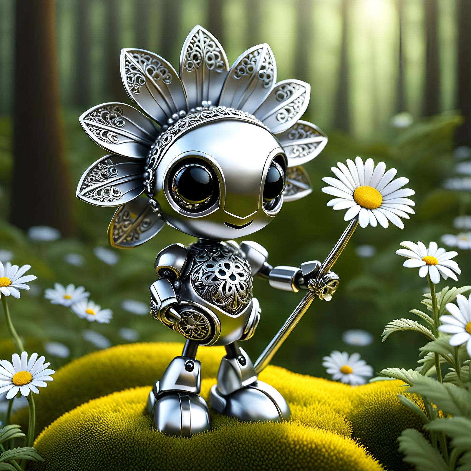 Cute Robot Holding a Daisy