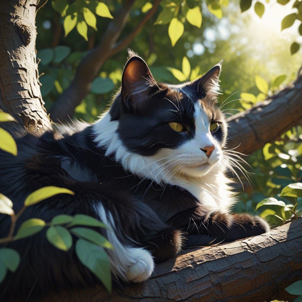 Black and White Cat Sleeping in Tree: Low-Poly Art