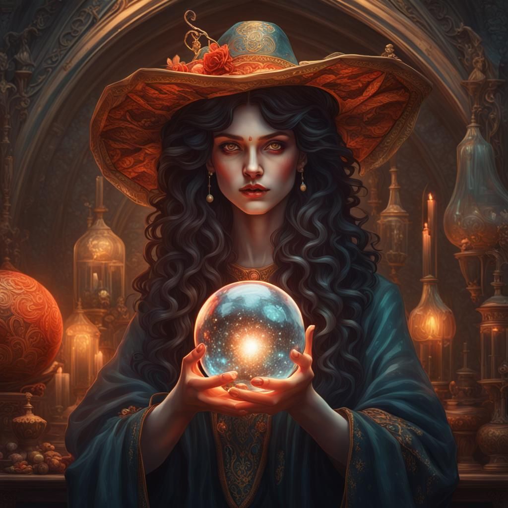 Aradia Witchcraft Portrait with Crystal Ball, Hyperrealistic