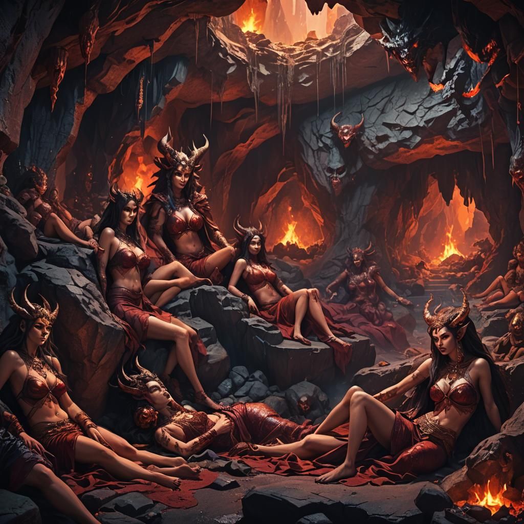Demonic Harem in Hellish Cave: Fantasy Art