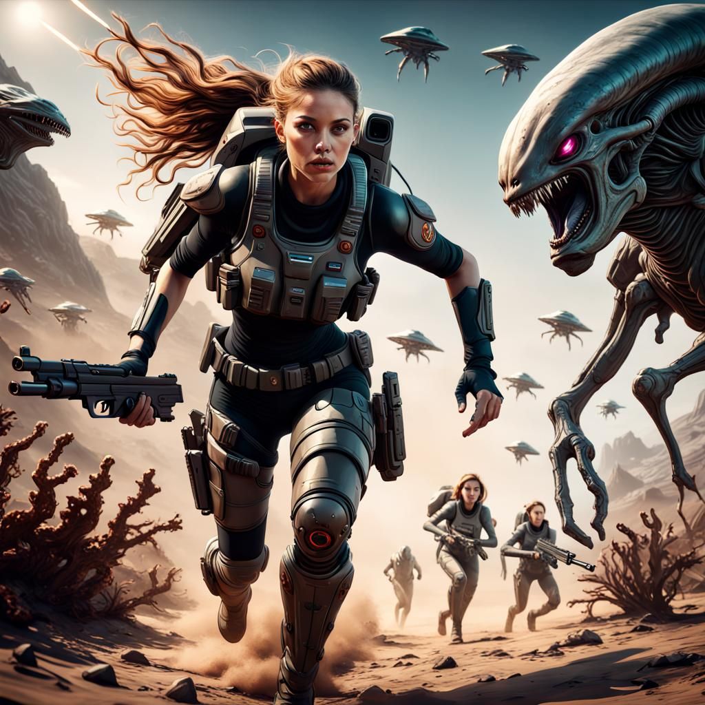 Female Starship Trooper Running from Aliens
