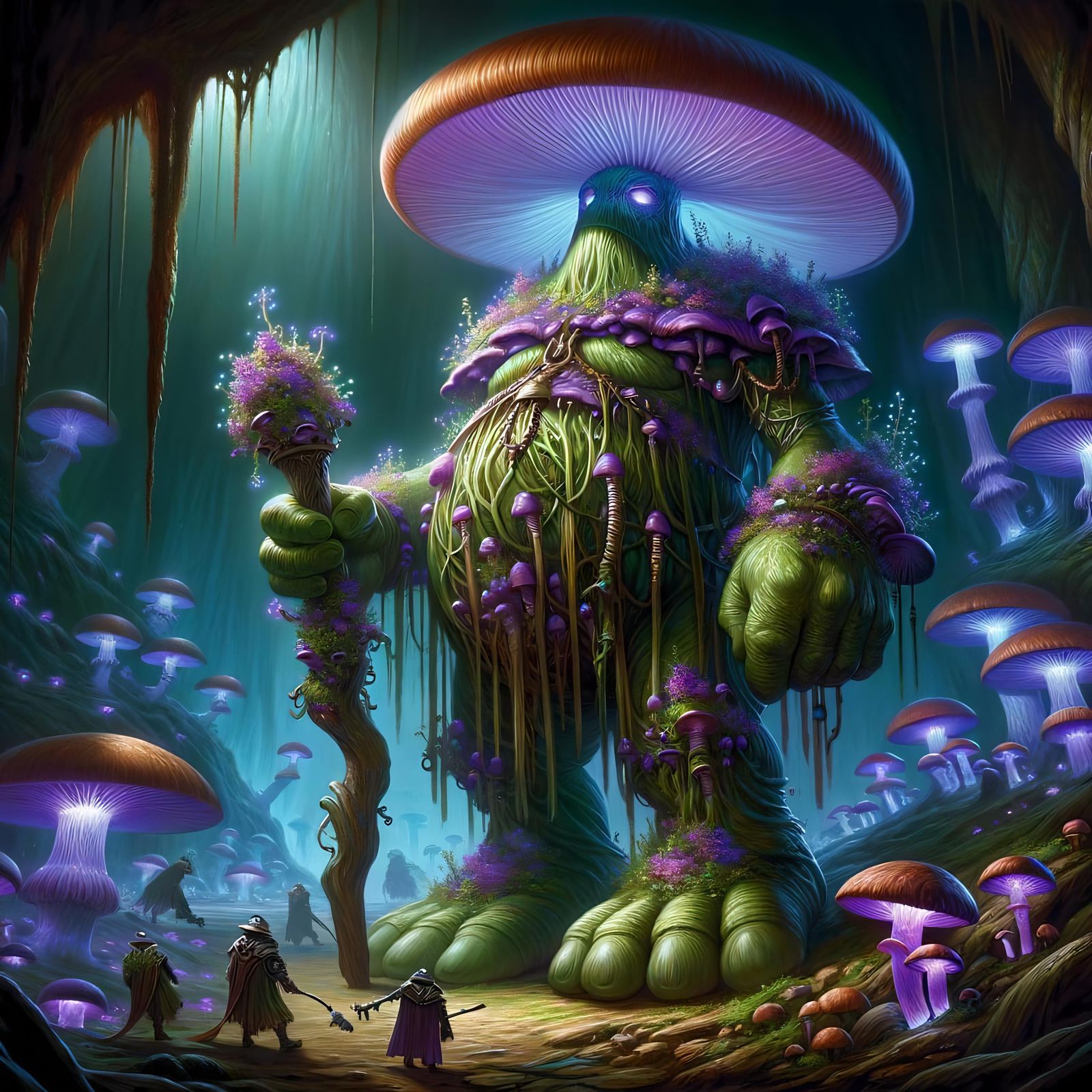 Myconid Sovereign in Glowing Subterranean Realm