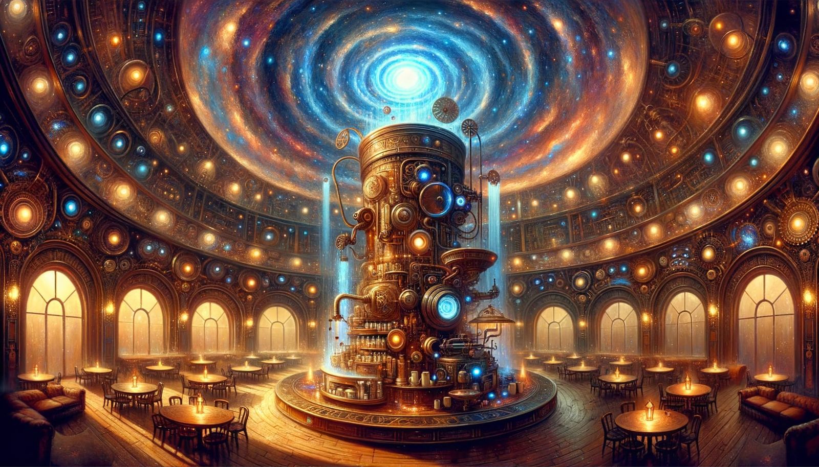 Steampunk Cosmic Cafe Interior With Light Rays