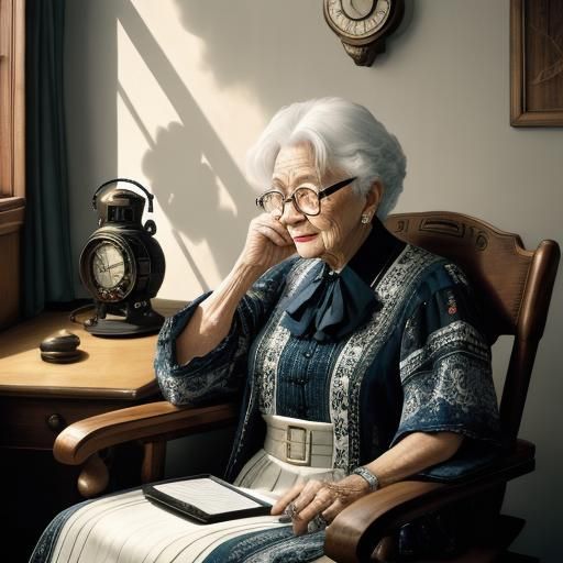 Hyperrealistic Old Woman Gazing at Clock