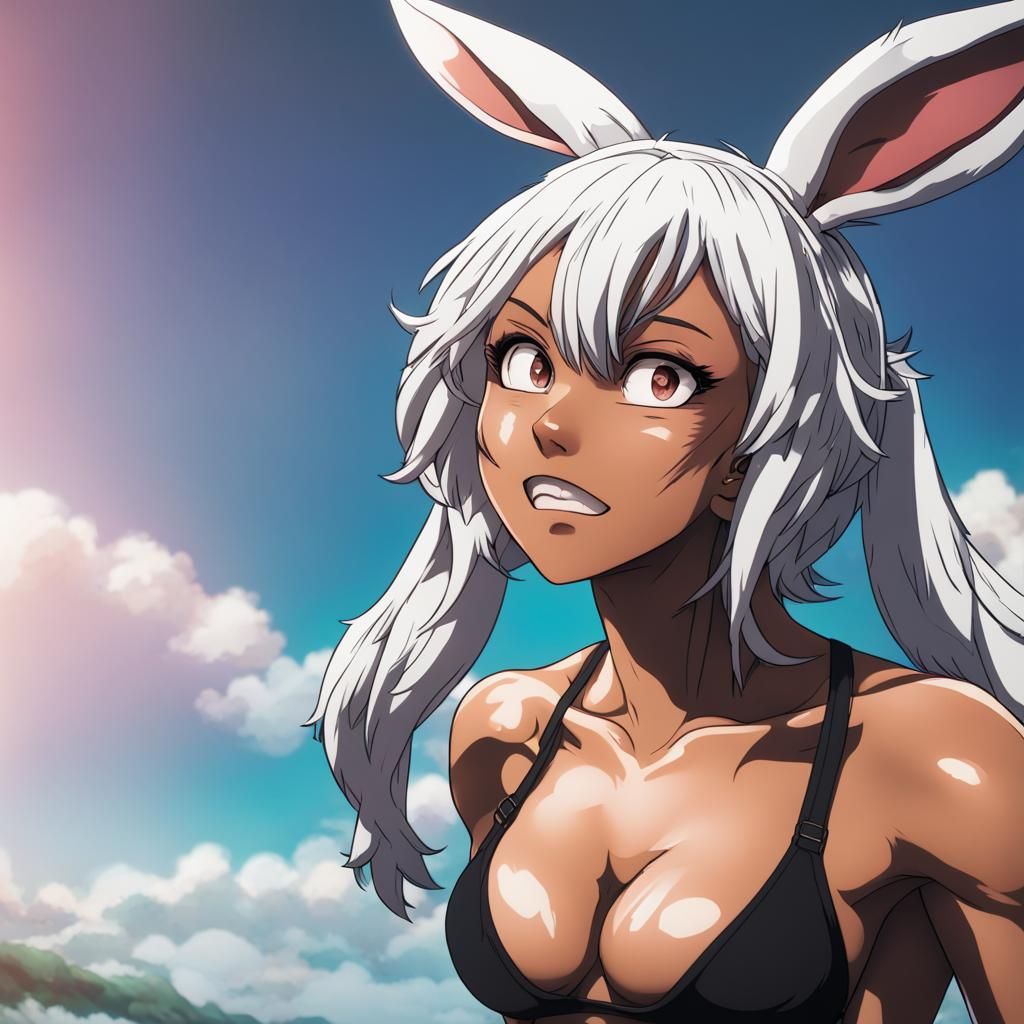 Muscular Anime Woman with Bunny Ears in Manga Style