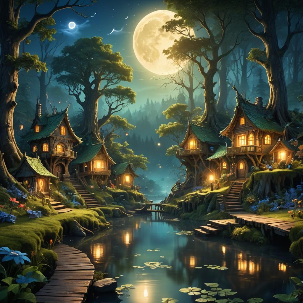 Fairy Village in Forest Glen at Night