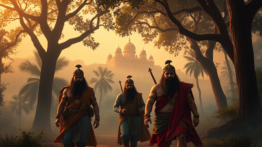 Pandavas Journey Through Misty Forest: Hyperrealistic Art