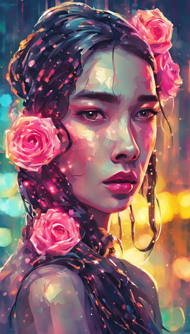Cyberpunk Bride with Wired Roses in Chinese Ink Style