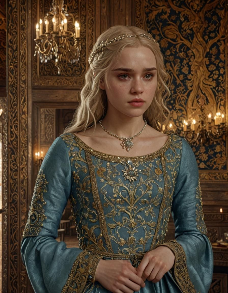 Luxurious Medieval Hall with Young Lady in 3D Render