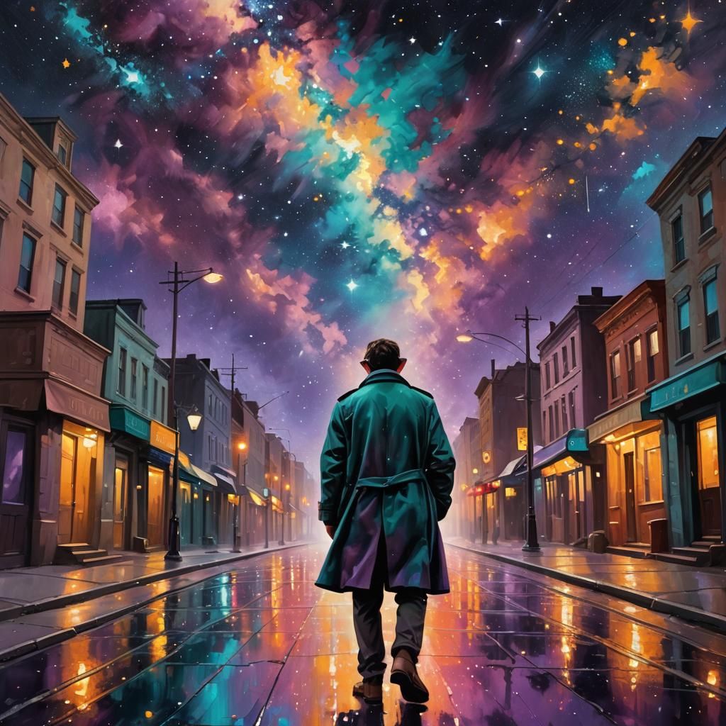 Lonely Man Walks Under Starry Galaxy Sky