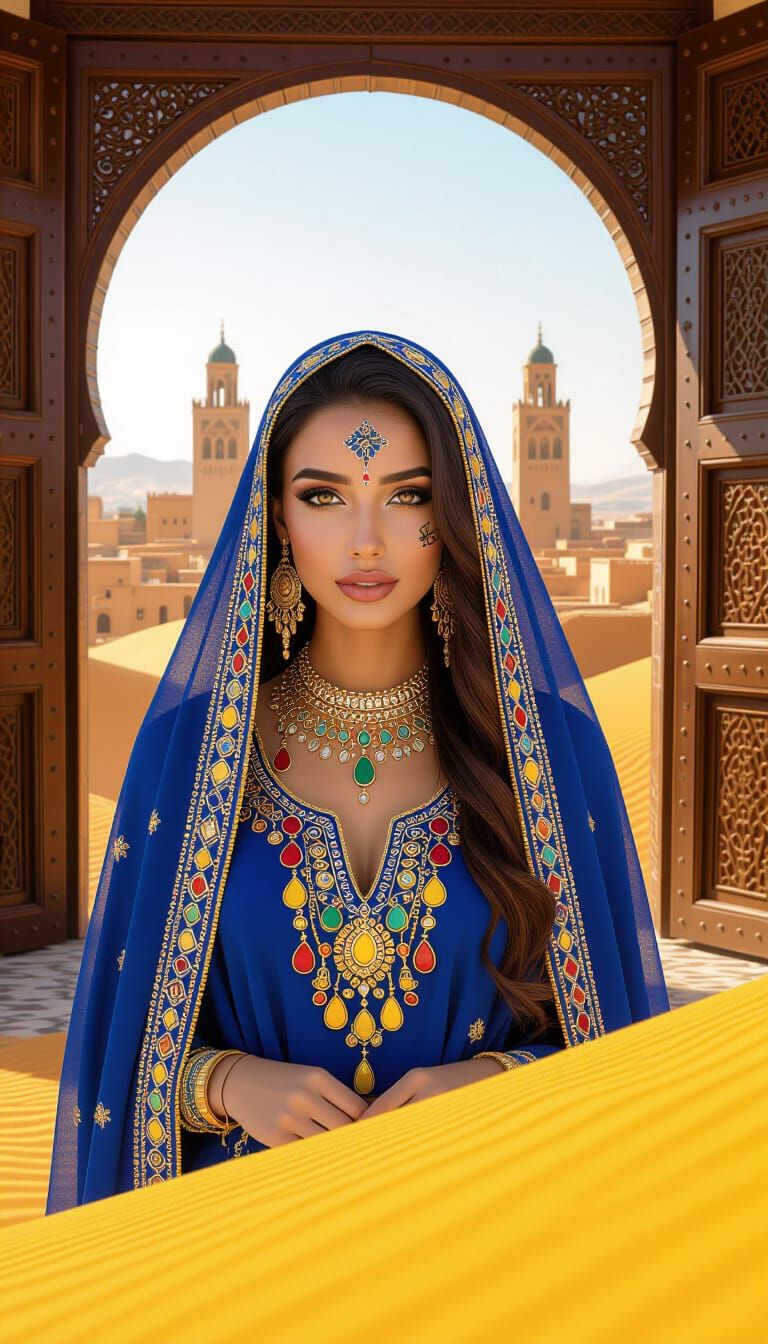 Moroccan Woman in Luxurious Blue Fabric With Tifinagh Tattoo