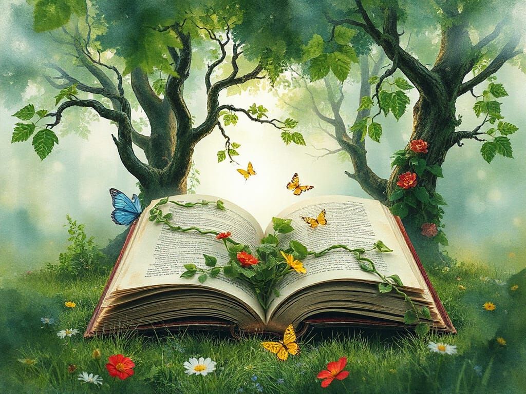 Ancient Book Transforms into Enchanted Watercolor Forest