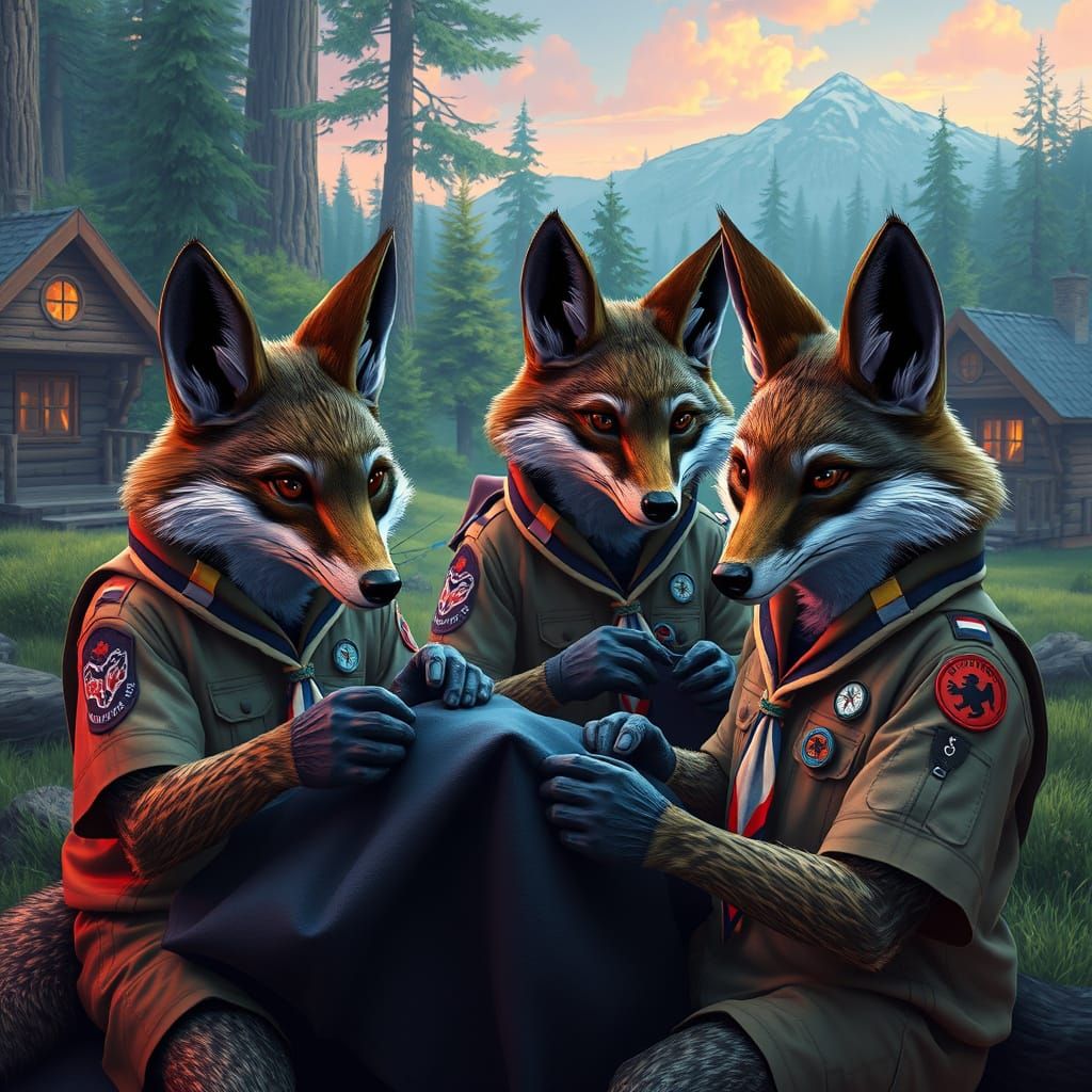 Whimsical Coyotes Sew Merit Badges in a Fantastical Scouting...