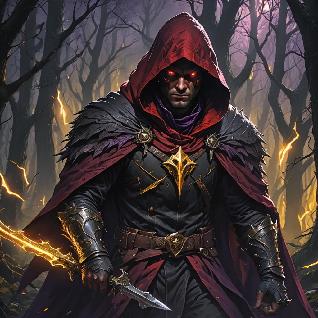 Mysterious Cloaked Figure in Dark Fantasy Forest