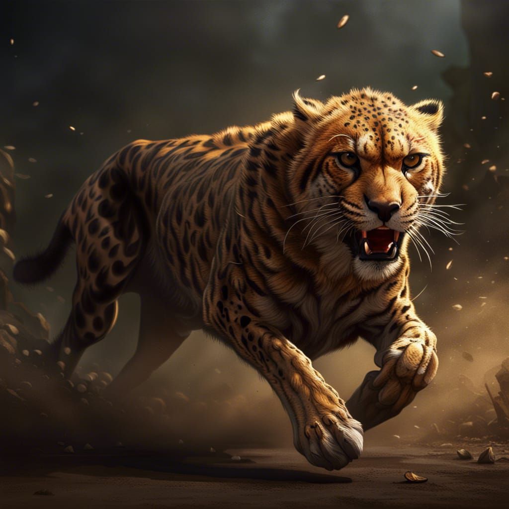 Furious Cheetah Chasing Tiger: Dark Fantasy Concept Art