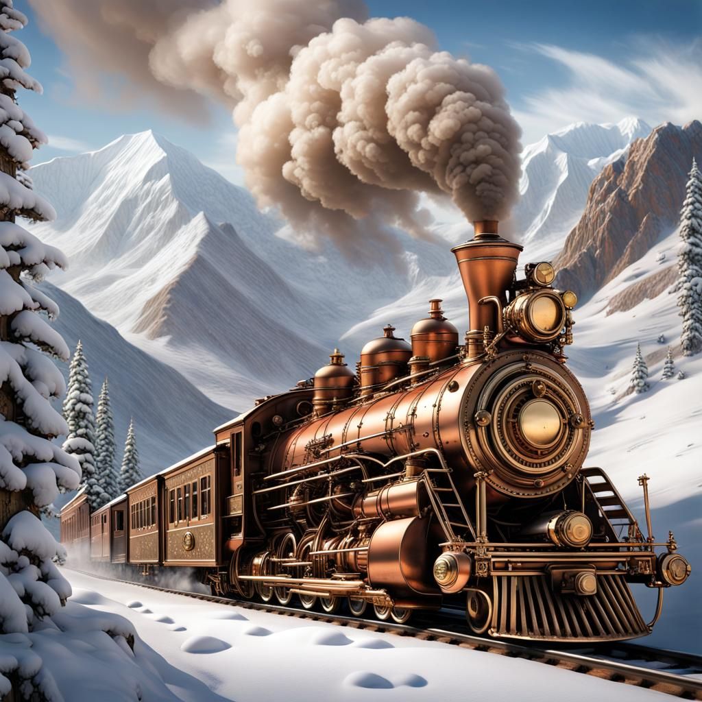 Steampunk Train Traversing Snowy Mountains