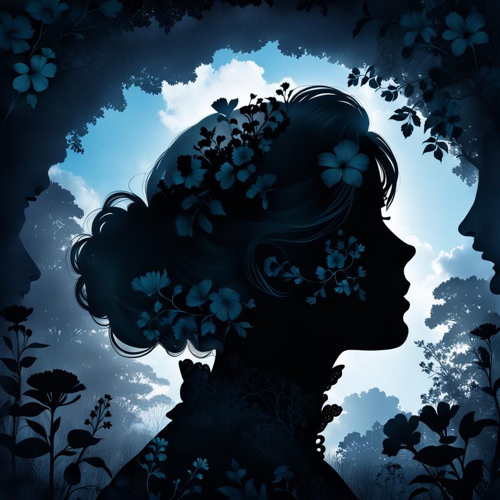 Victorian Silhouette with Sky and Floral Double Exposure
