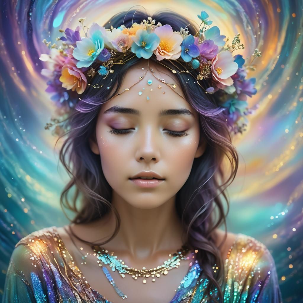 Bioluminescent Woman with Flower Crown in Metallic Hues