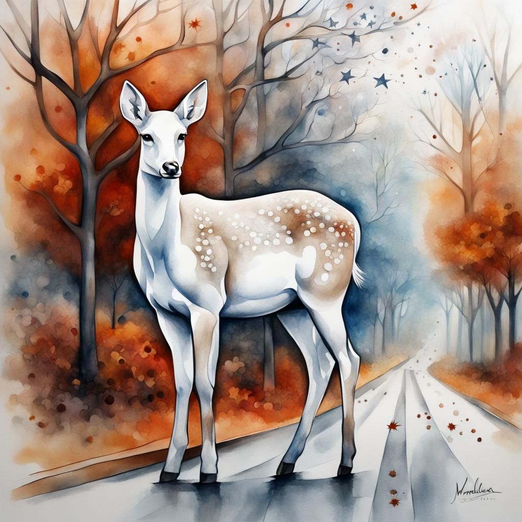 Doe Family Crossing Street in Abstract Aquarelle Sketch
