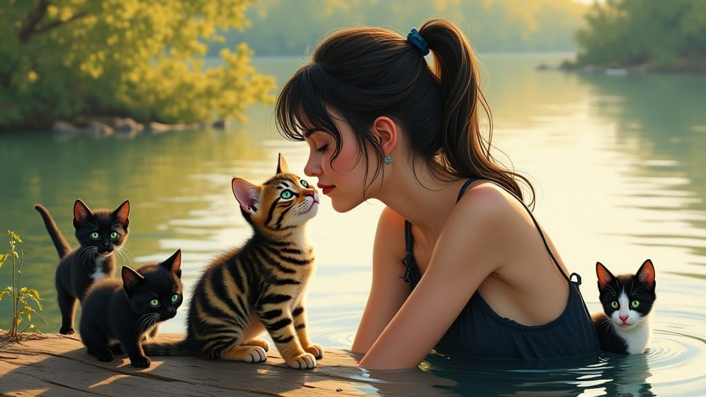 Surreal Lakeside Encounter in Realistic Portrait Style