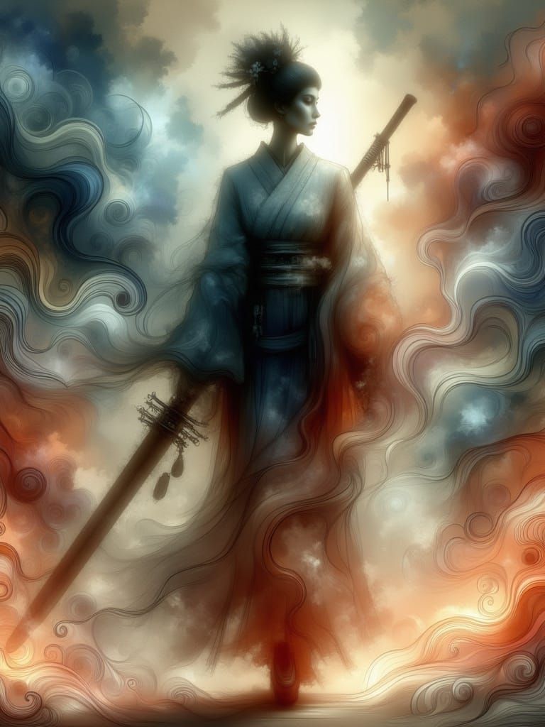 Ethereal Geisha Dragging a Runed Greatsword