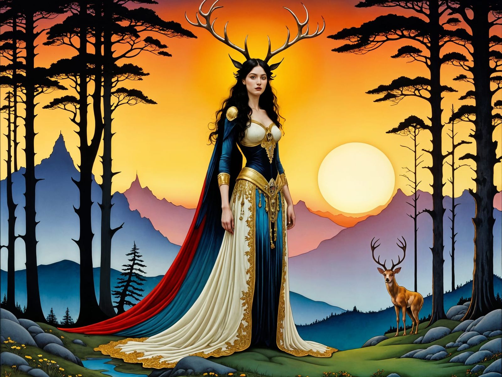 Surreal Fantasy Woman Reveals Glowing Antlers in Jewel Tones