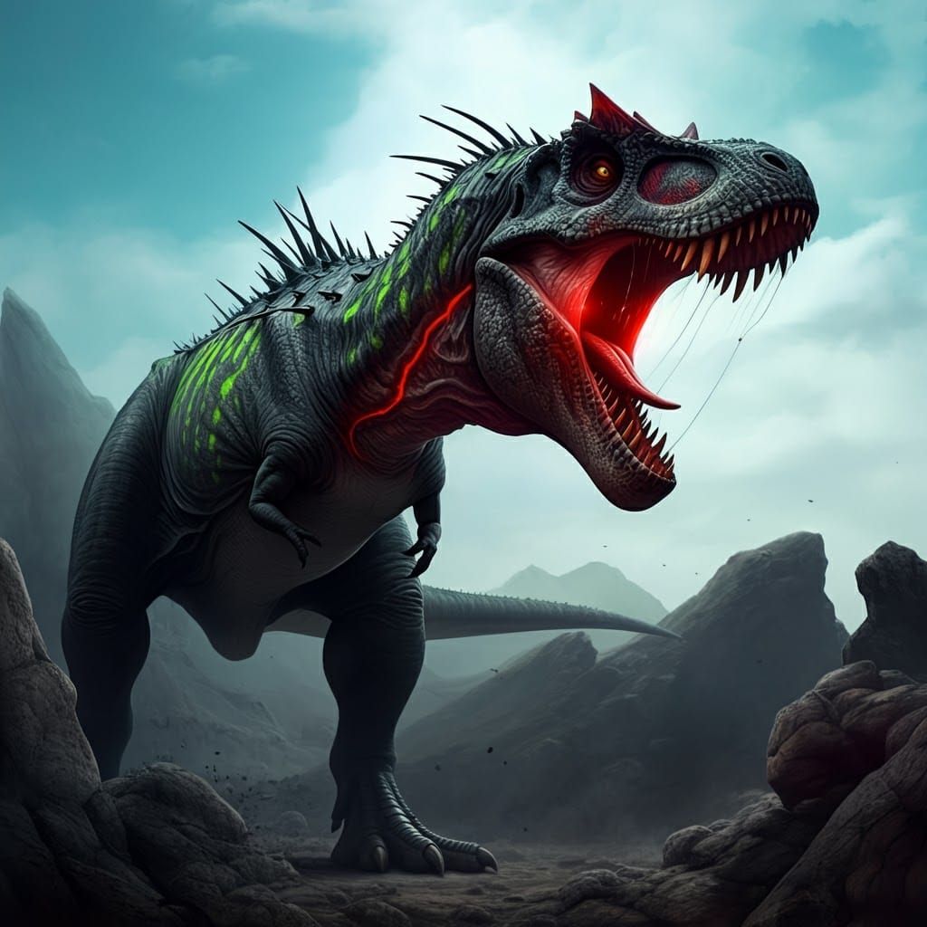 Mutated T-Rex Roars in Sci-Fi Landscape