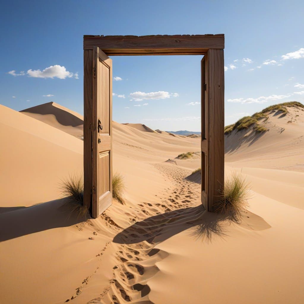 Surreal Open Door in Desert Sand Dune