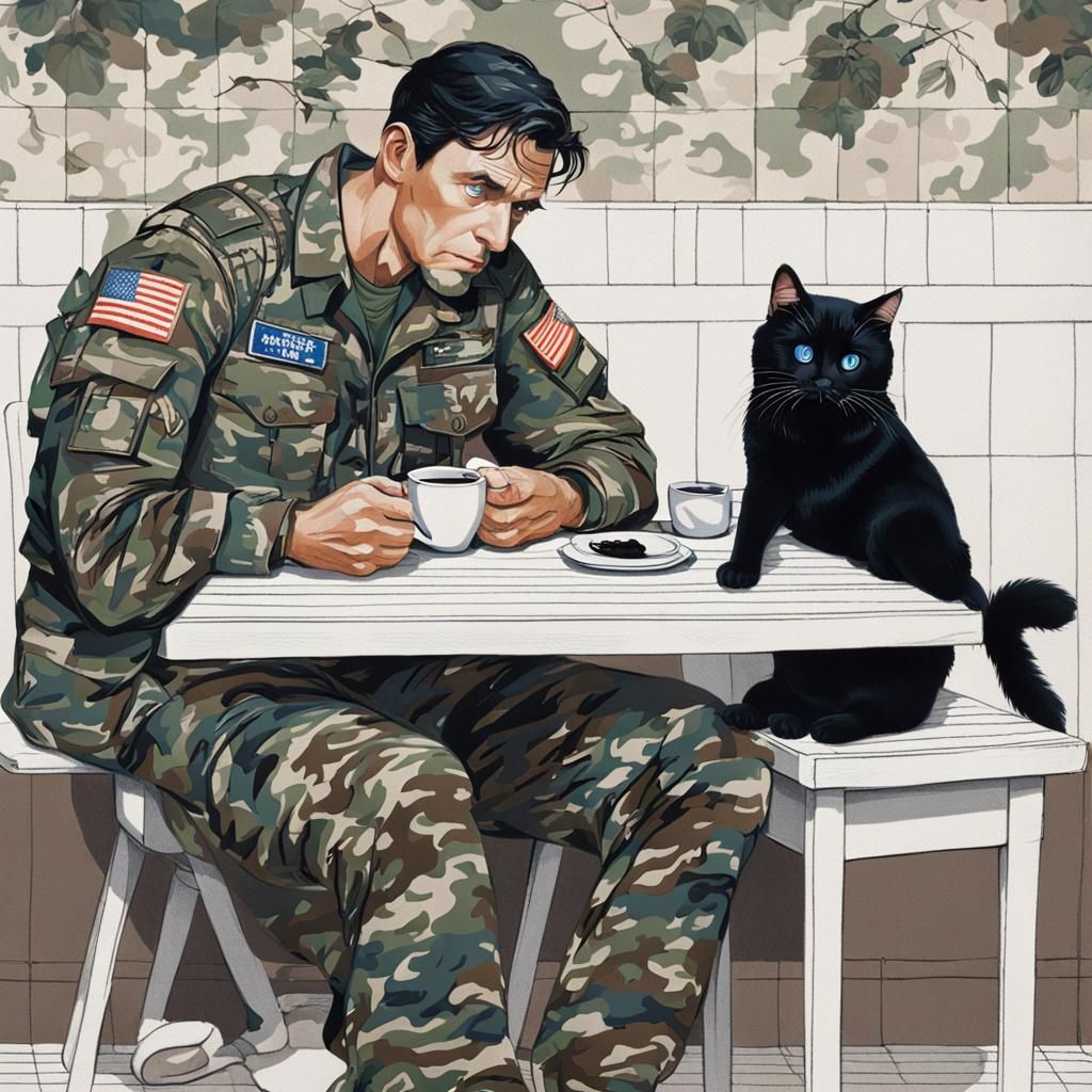 Man in Camo with Cat Drinking Coffee