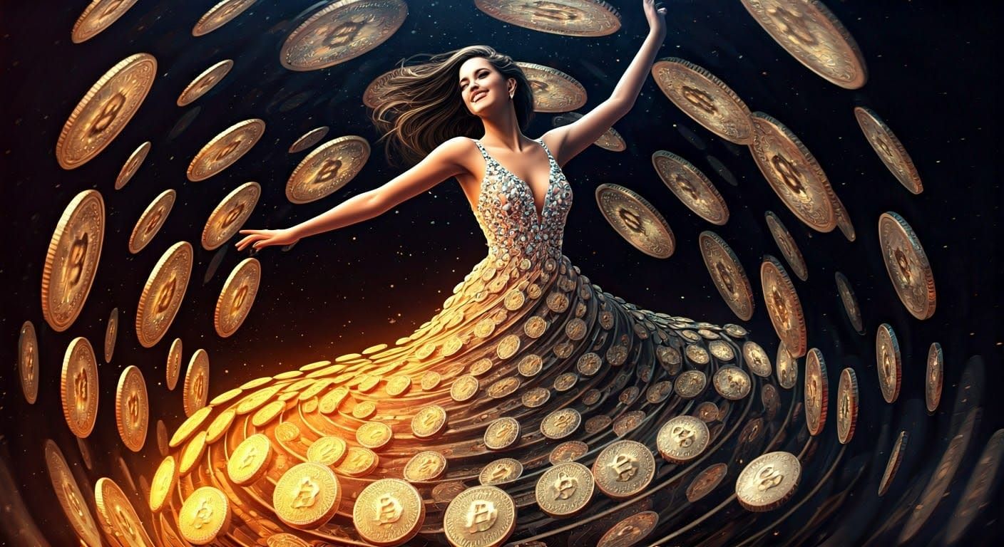 Futuristic Fashionista in a Whirl of Bitcoin Coins