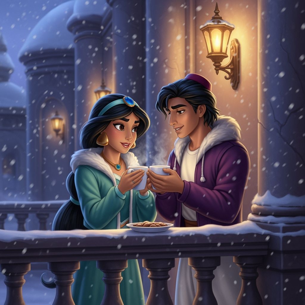 Jasmine and Aladdin Share Cocoa on Palace Balcony in Snowfal...