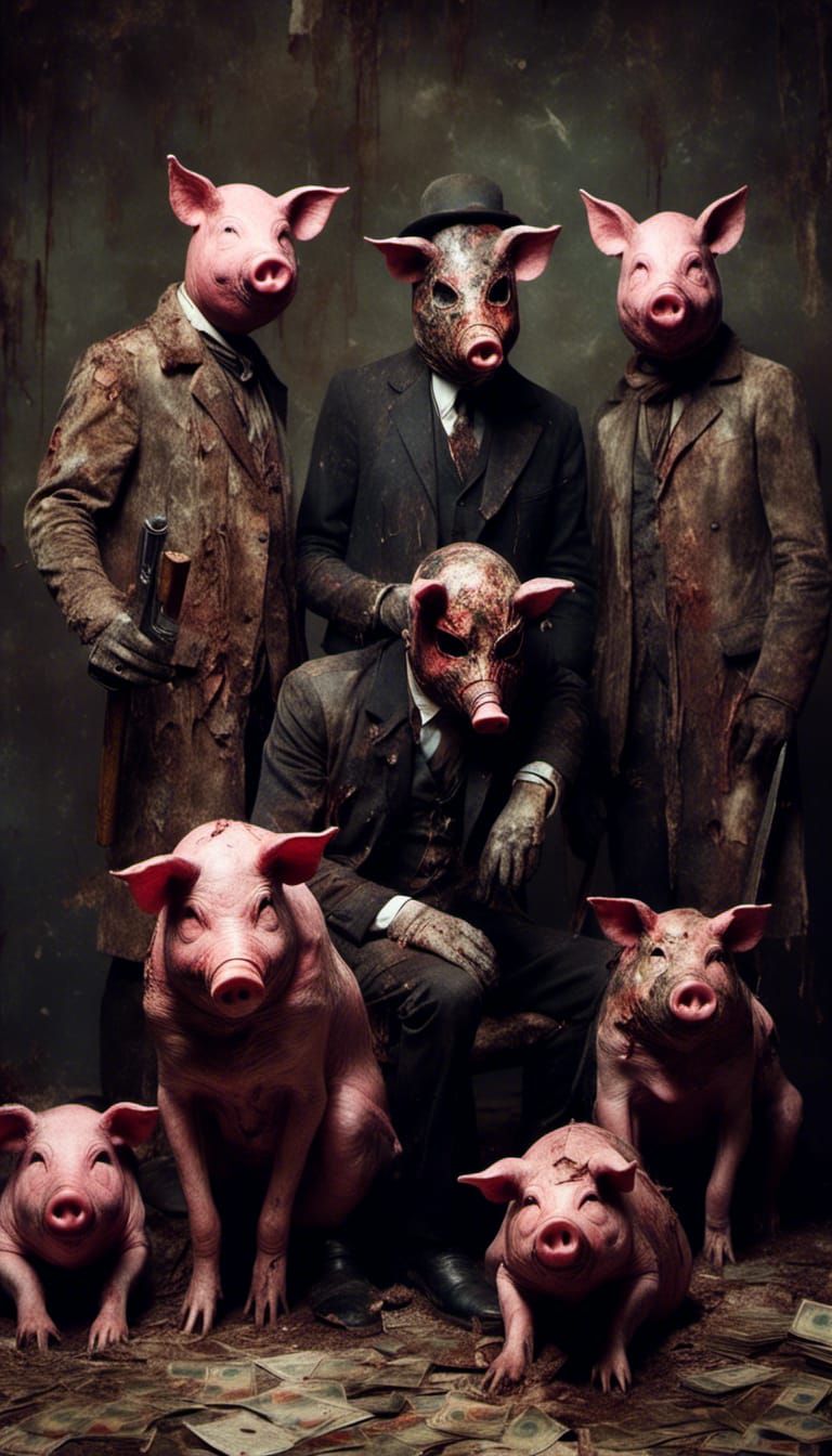 Macabre Bank Robbery with Pig Masked Figures