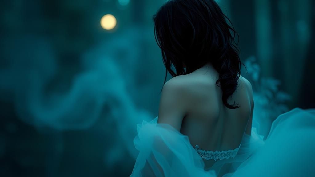 Ethereal Woman in Misty Forest at Night