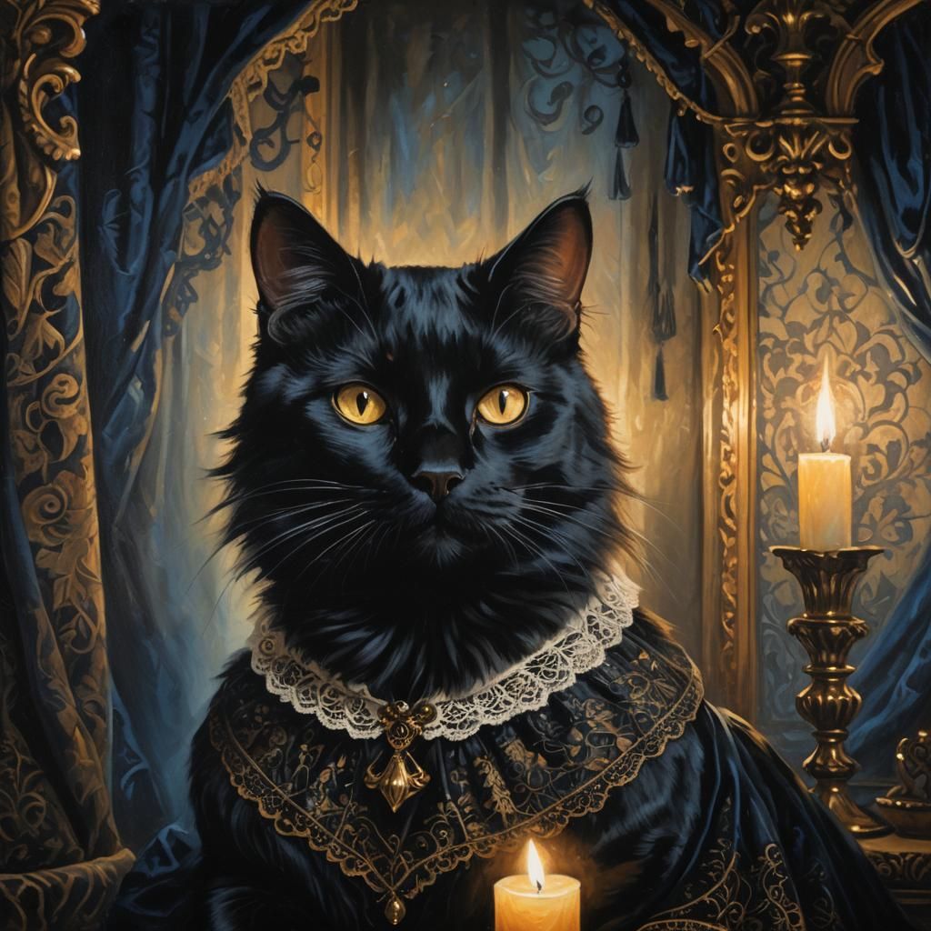 Gothic Black Cat Portrait in Candlelight